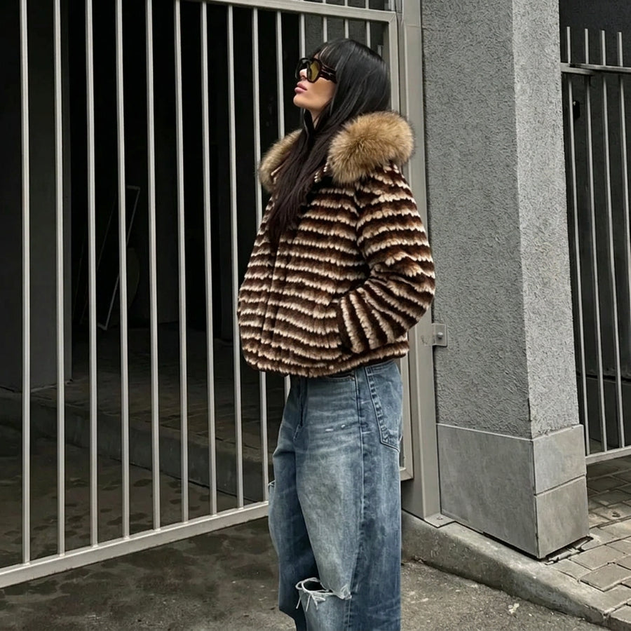 Damen Jacke mit Kapuze, gestreift, Fellimitat, Winterjacke warm