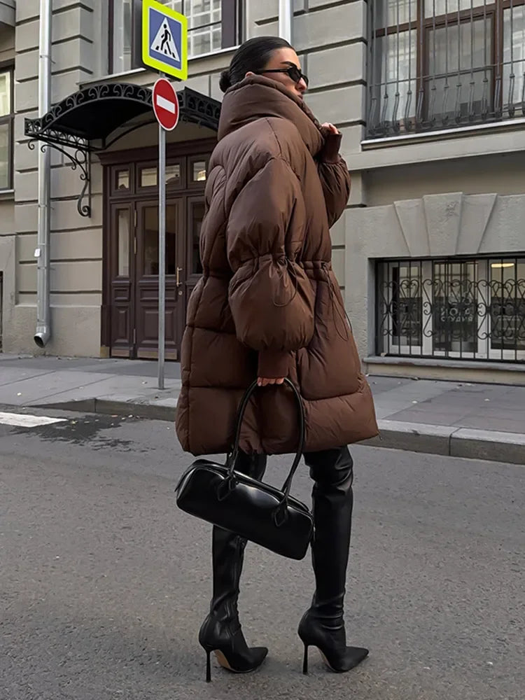 Damen Pufferjacke Oversize Braun Stehkragen Winterjacke
