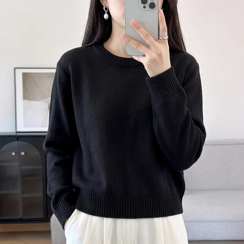Damen Rundhals Strickpullover Langarm Feinstrick