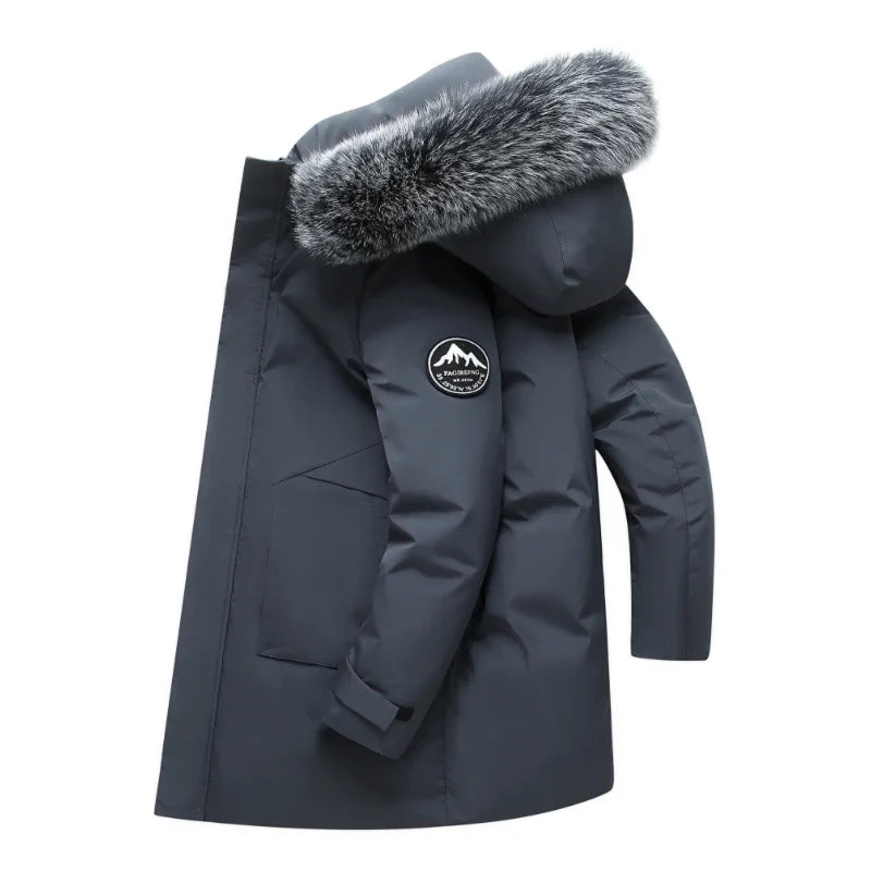 Herren Winter Parka mit Kapuze und Fellimitat-Besatz langer Schnitt