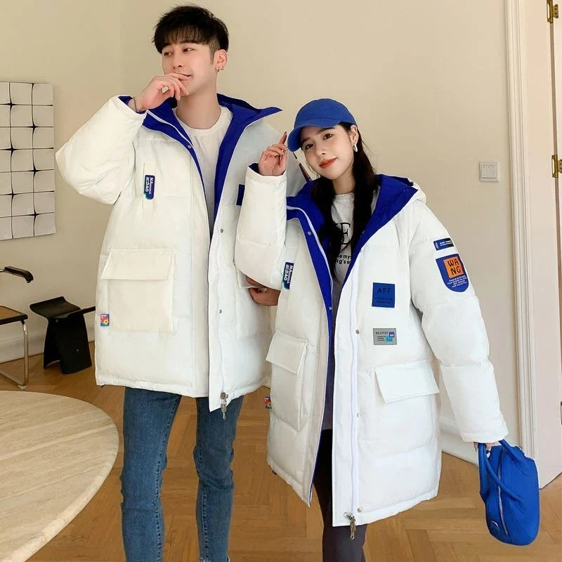 Unisex Winterjacke gepolstert mit Kapuze Schwarz Blau Wendbar