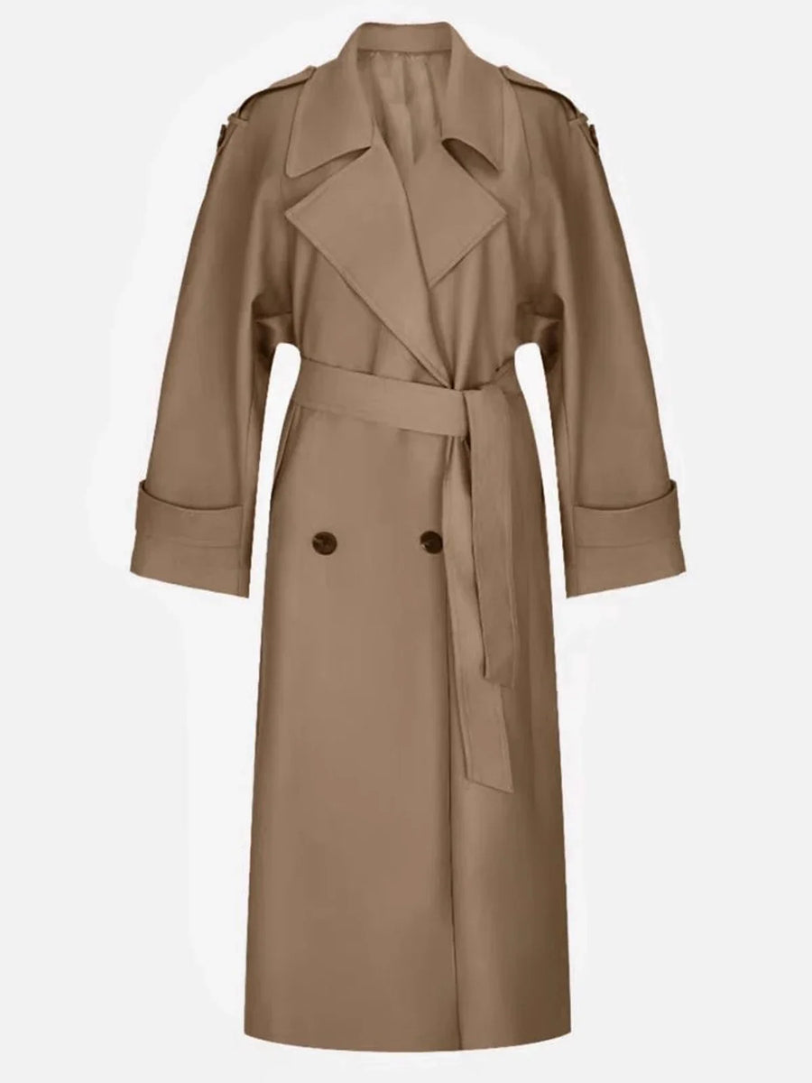Damen Trenchcoat Lang Gürtel Zweireihig Dunkelviolett