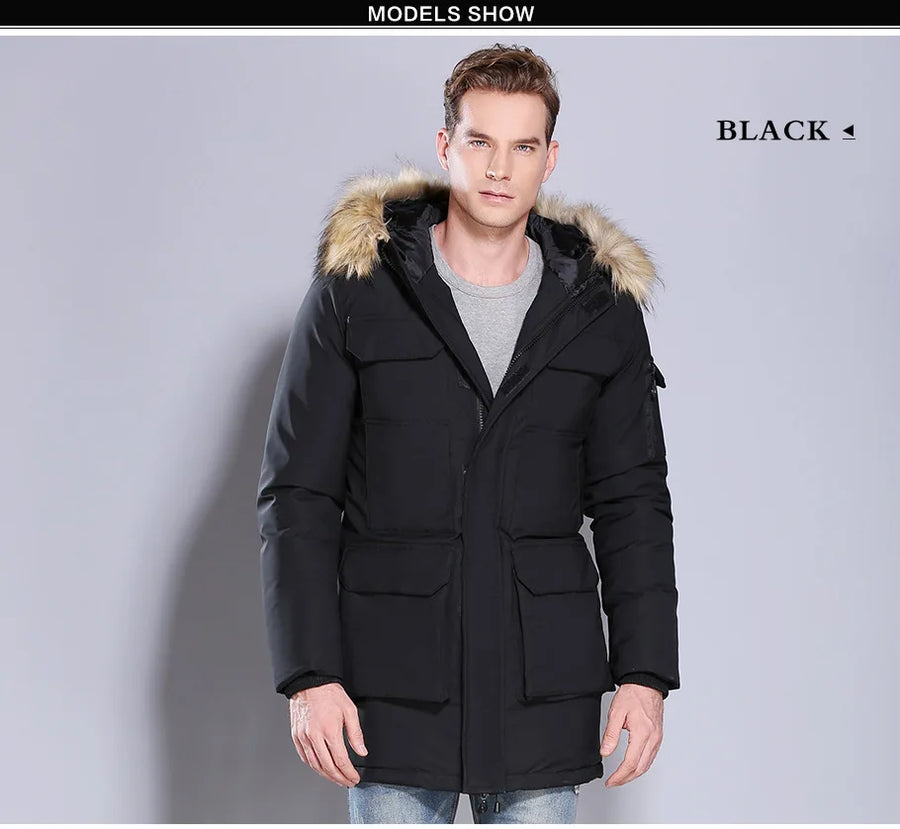 Herren Winterparka Schwarz mit Kapuze und Kunstfellbesatz