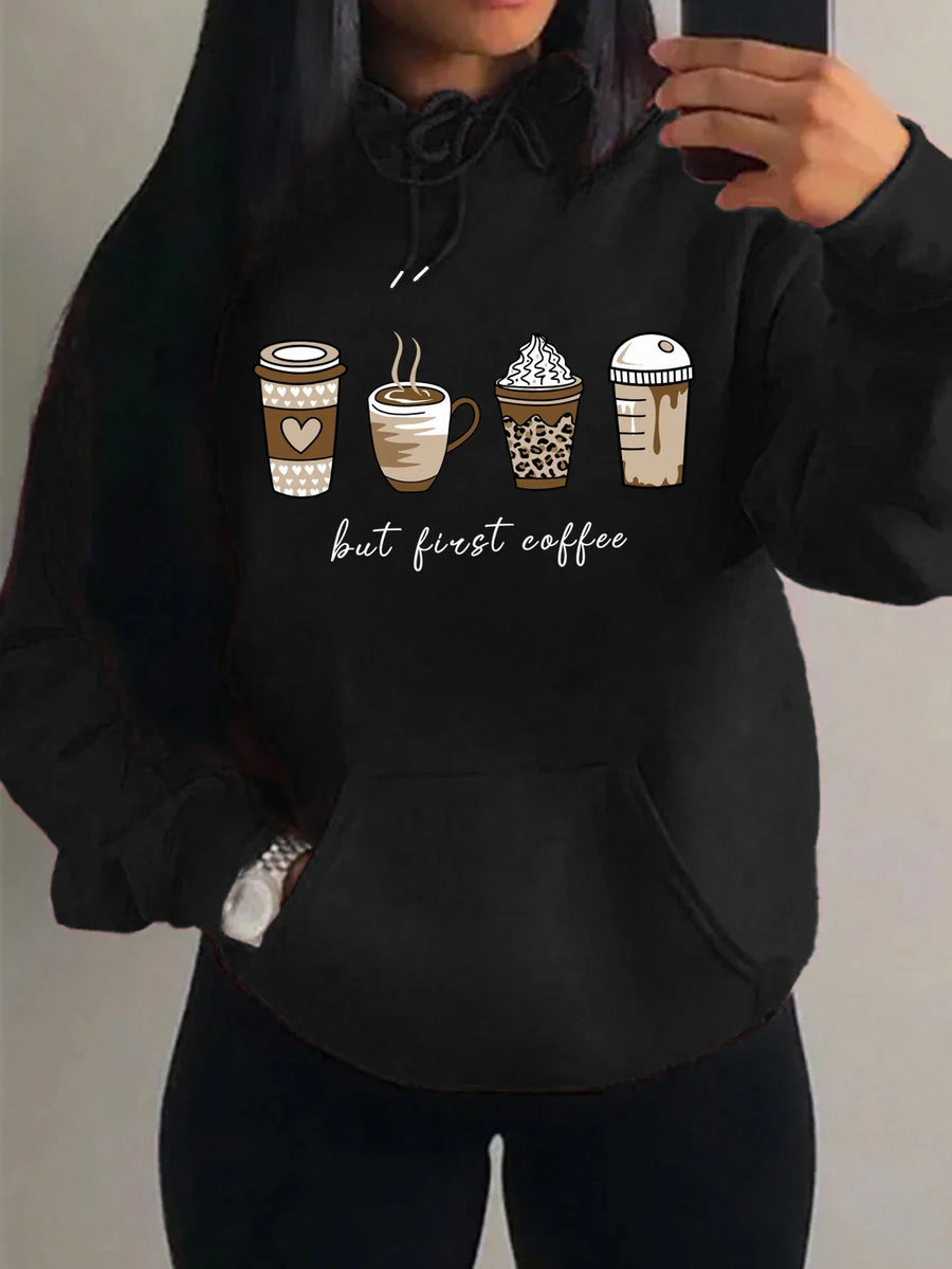Dameshoodie met "But First Coffee"-opdruk en kangoeroezak