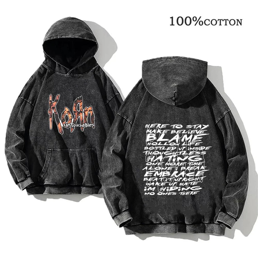 Korn Band Hoodie Unisex Washed Schwarz Kapuzenpullover Oversize