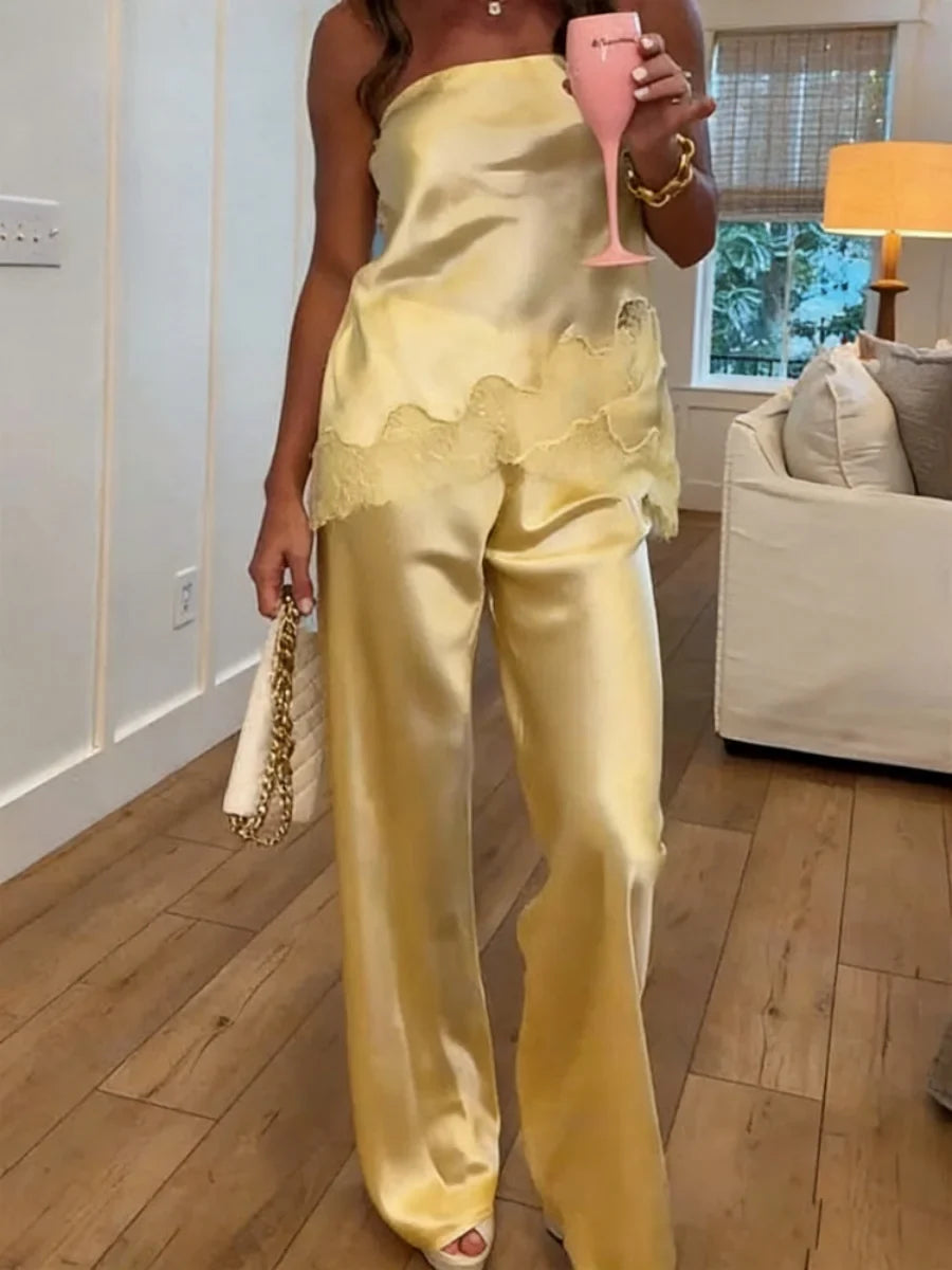 Dames satijnen palazzo-broek met elegante wijde pijpen