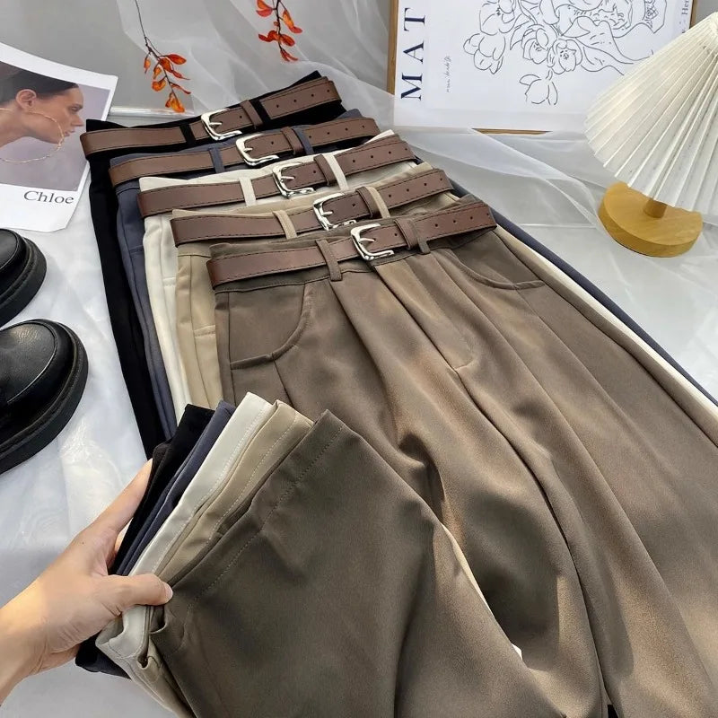 Damen Weite Hose mit Gürtel Bundfalten Elegante Freizeithose