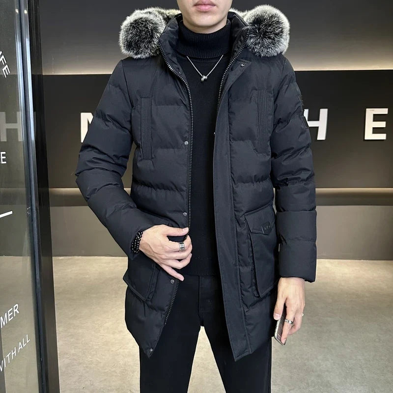 Herren Winterparka mit Kapuze und Fellimitatbesatz, gepolsterte Jacke für kalte Tage