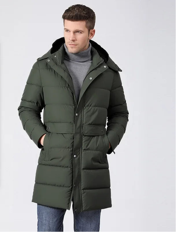 Herren Langer Winter Steppmantel mit Kapuze und Knöpfen – Warm & Winddicht