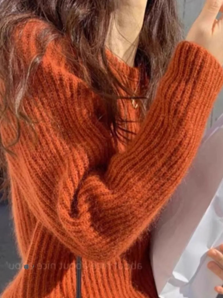 Dames geribde gebreide trui, oranje, ronde hals