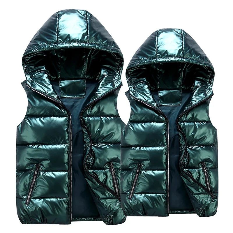 Unisex Steppweste mit Kapuze Glänzend Reißverschluss Daunenlook Freizeit Outdoor