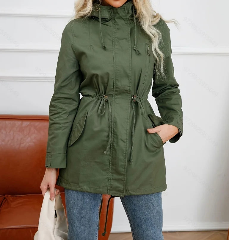 Damen Übergangsjacke mit Kapuze Winddicht Tunnelzug Parka