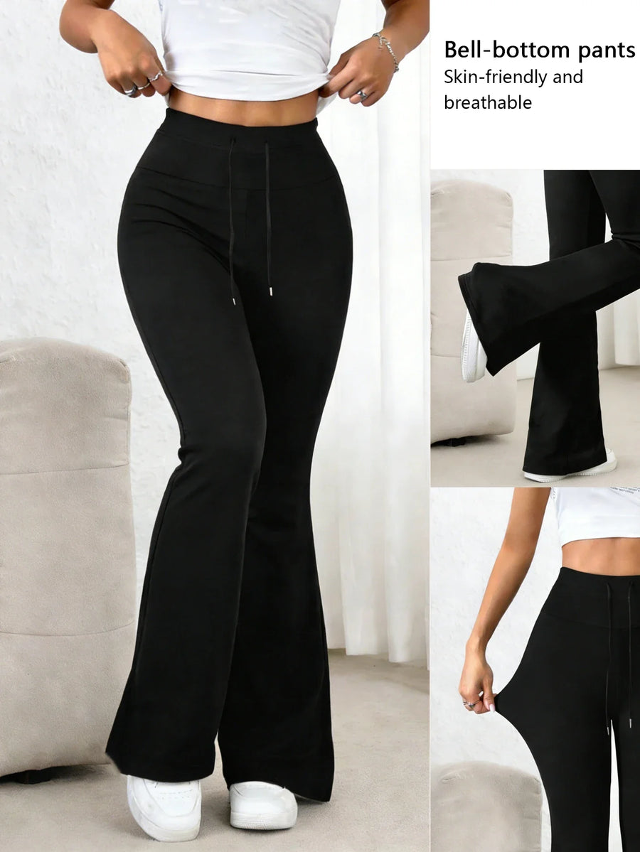 Zwarte damesflared broek met hoge taille en tunnelkoord