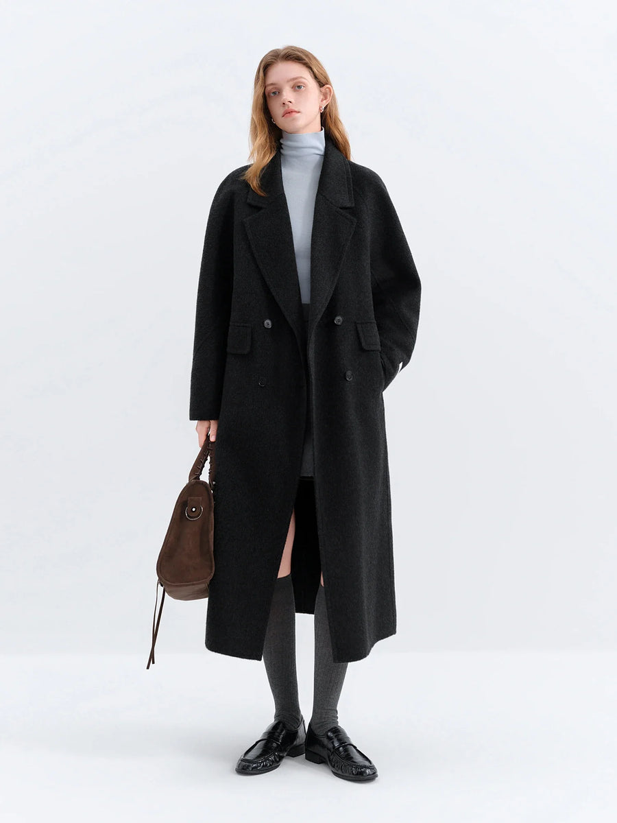 Damen Langer Mantel Zweireihig mit Reverskragen und Taschen Grün