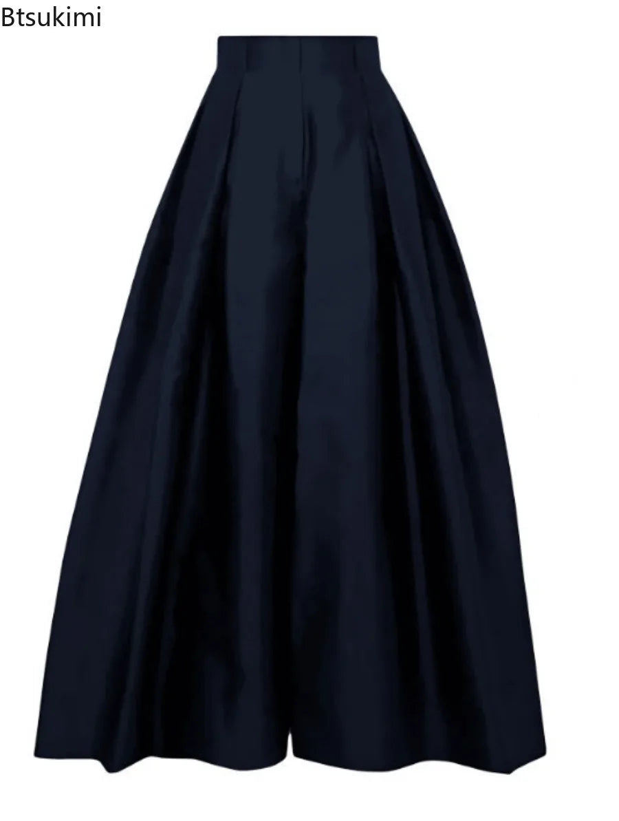 Damen Culotte Hose Weites Bein Hoher Bund Falten Uni Farbe