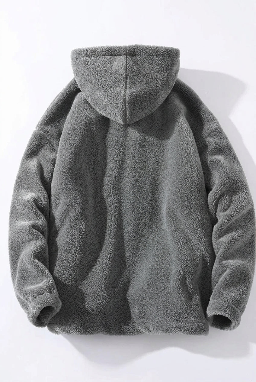 Unisex Teddyfleece Jacke mit Kapuze und Brusttasche Grau Reißverschluss