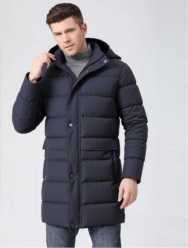 Herren Langer Winter Steppmantel mit Kapuze und Knöpfen – Warm & Winddicht