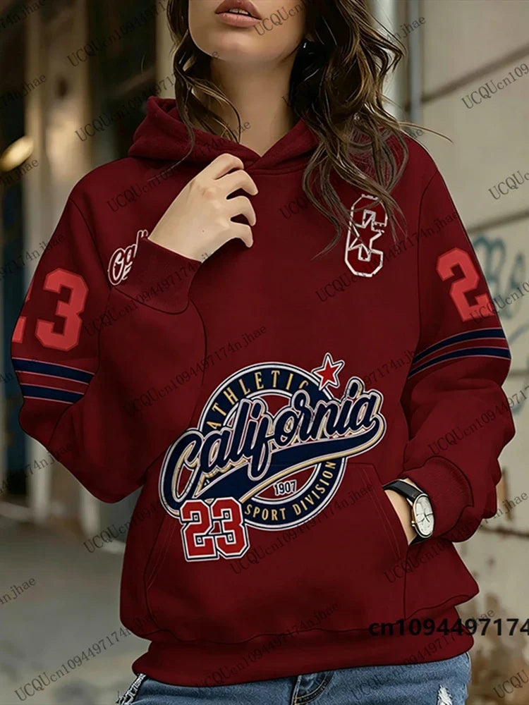 Dameshoodie met "California Athletic"-print en cijfers, lange mouwen, capuchon