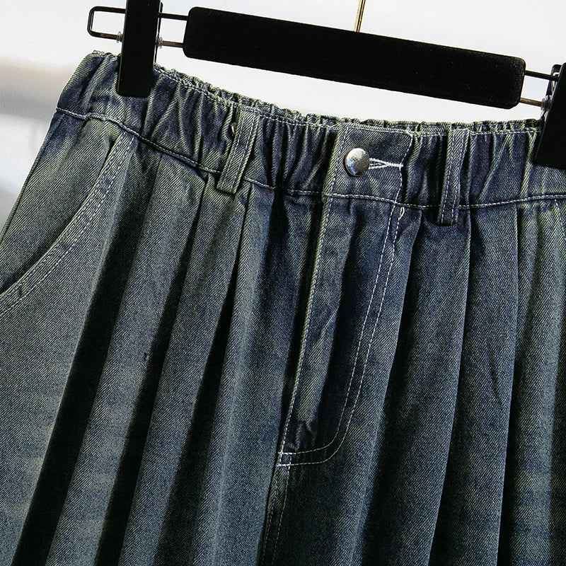 Damen Jeanshose Weites Bein Hohe Taille Waschung Dunkelblau