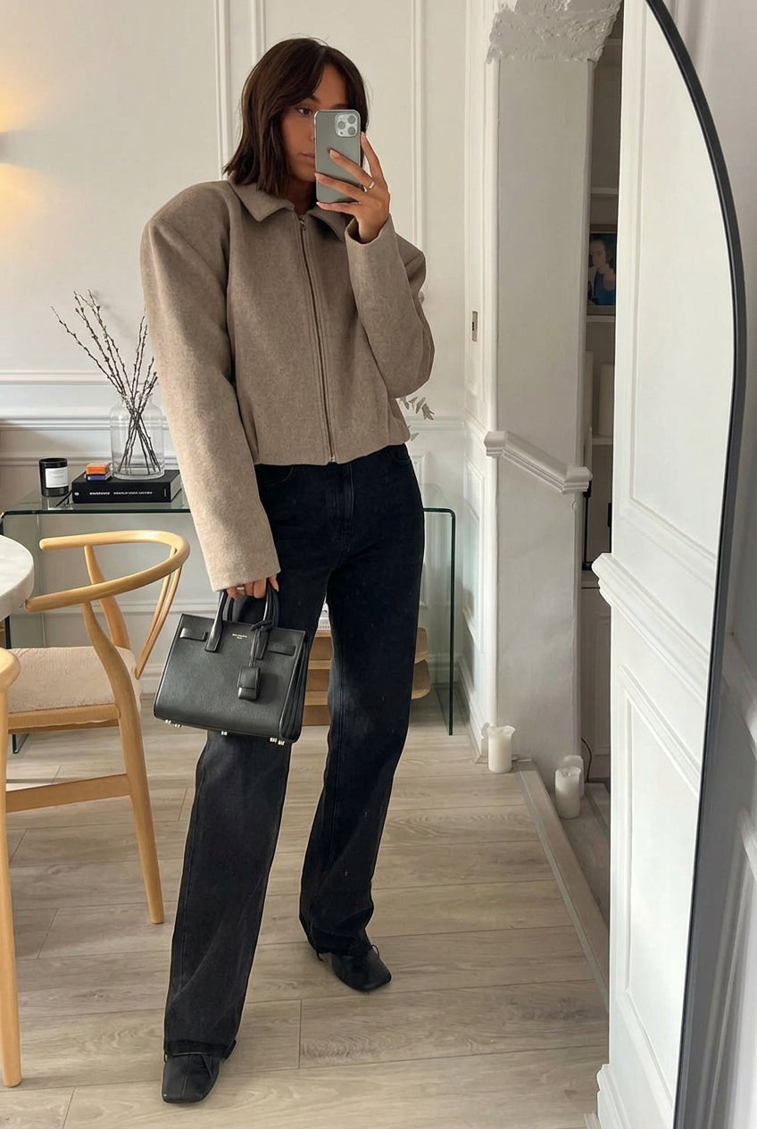 Kurze Jacke mit Reißverschluss und Kragen Damen Beige/Grau
