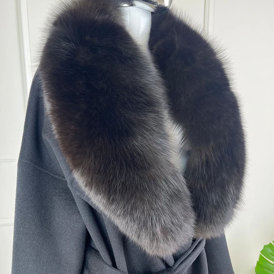 Damen Wickelmantel Schwarz mit Fellkragen Elegant