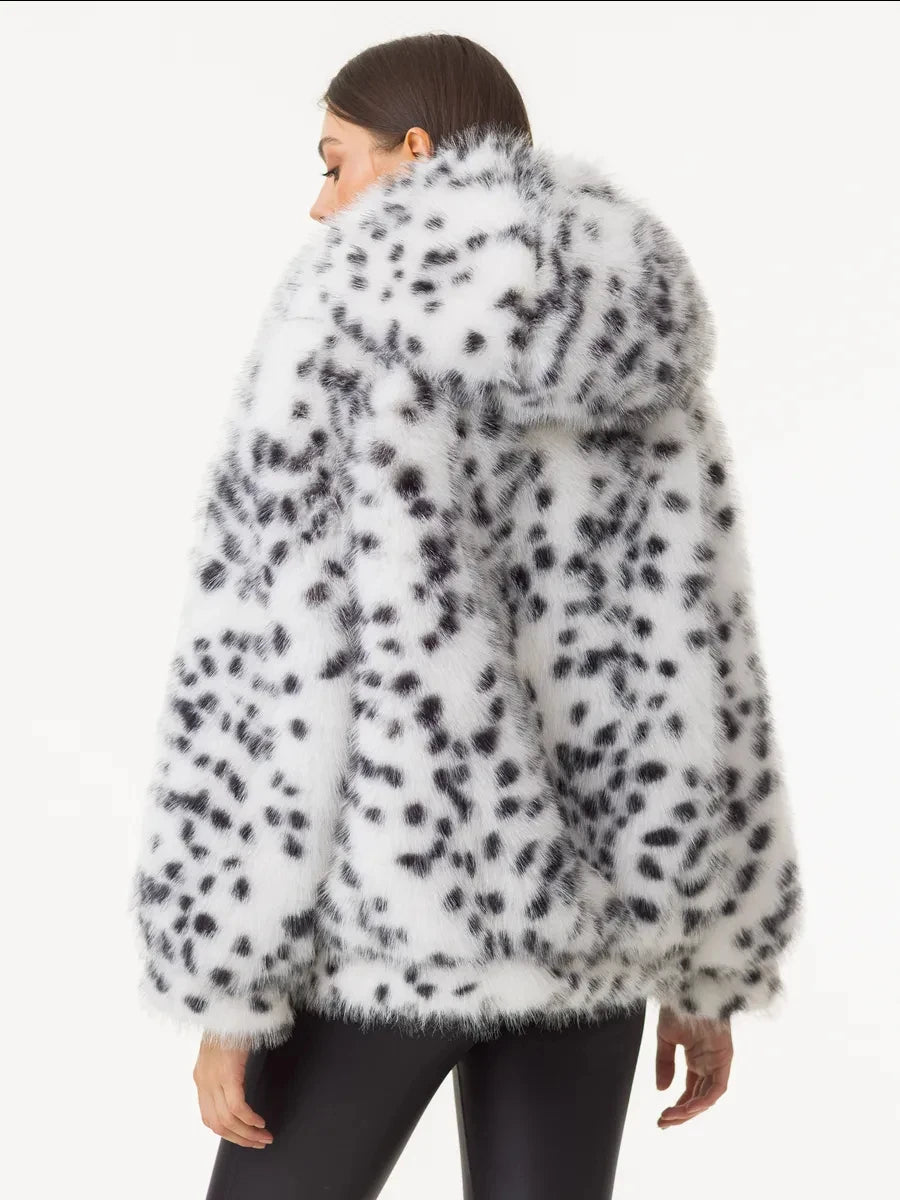 Damen Kunstfelljacke mit Kapuze, Dalmatiner-Muster, Schwarz-Weiß