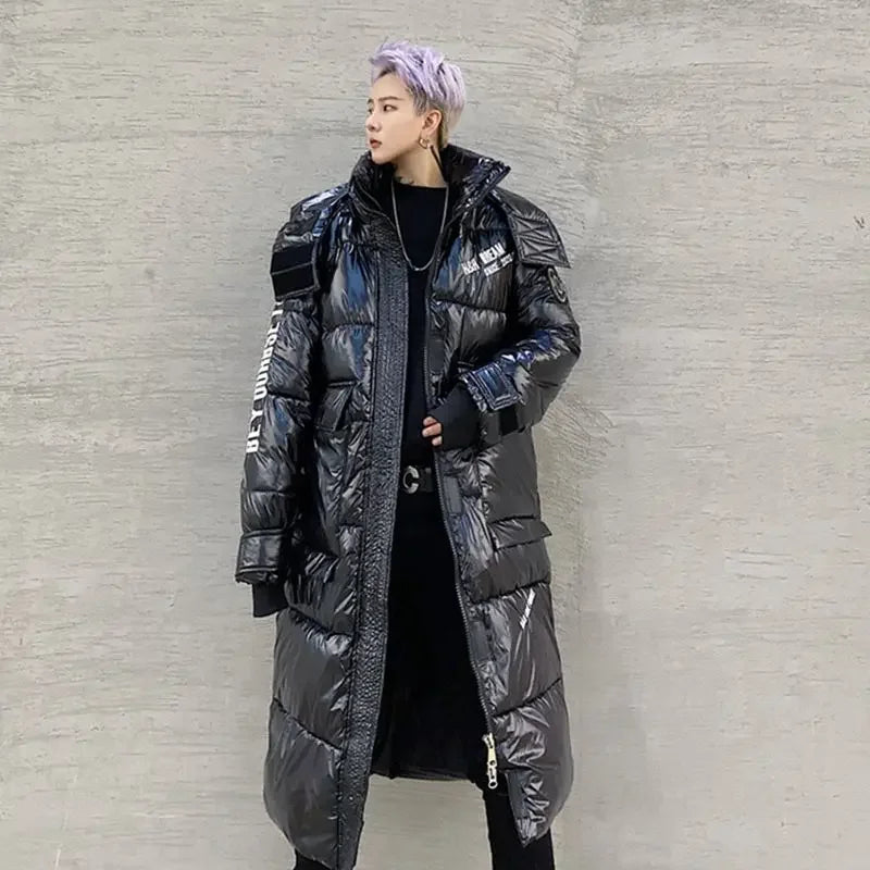 Unisex Langer Puffer Mantel Glänzend Schwarz Winter Jacke