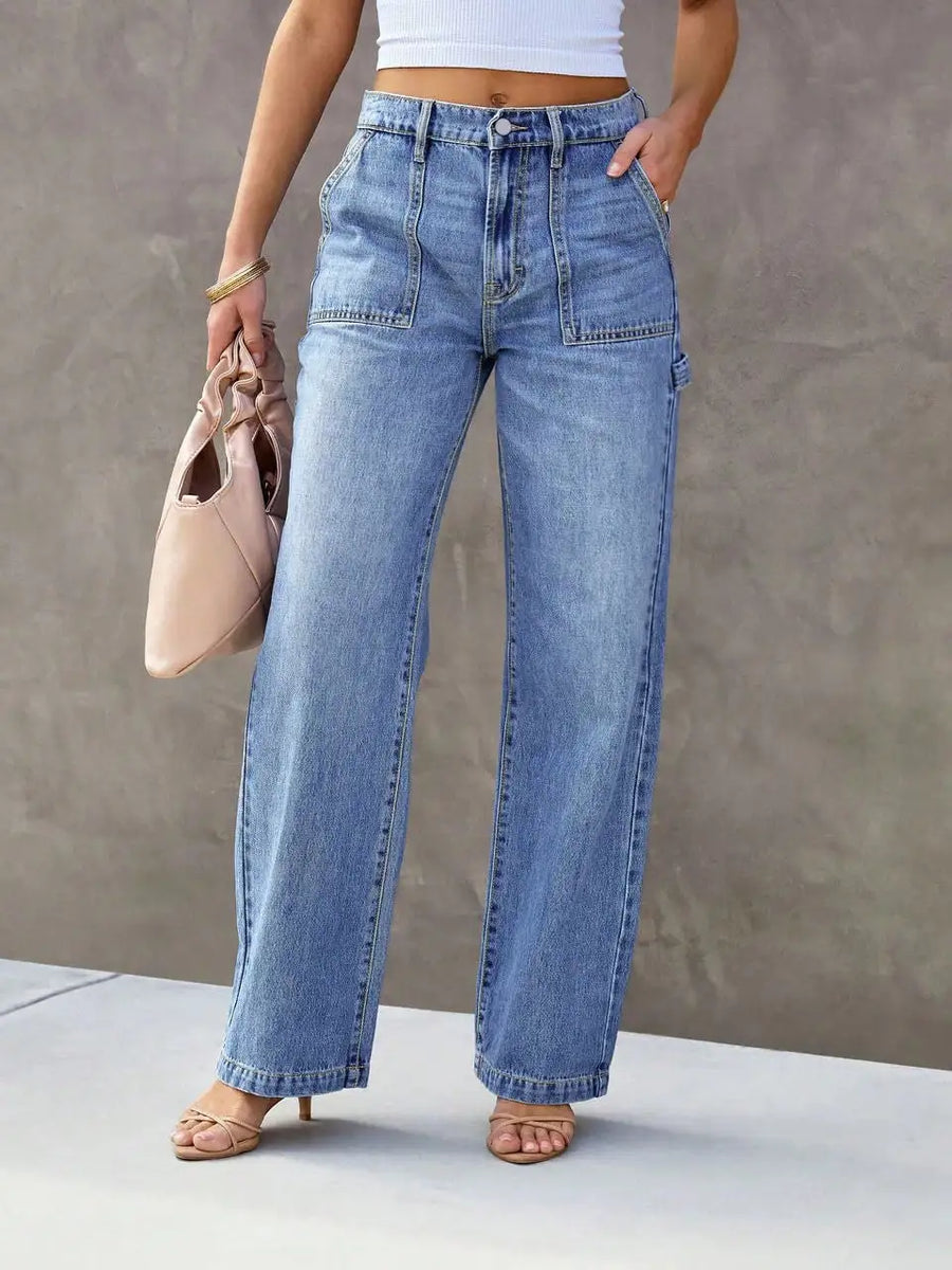 Damen Jeanshose Weites Bein Hoher Bund Hellblau mit Taschen