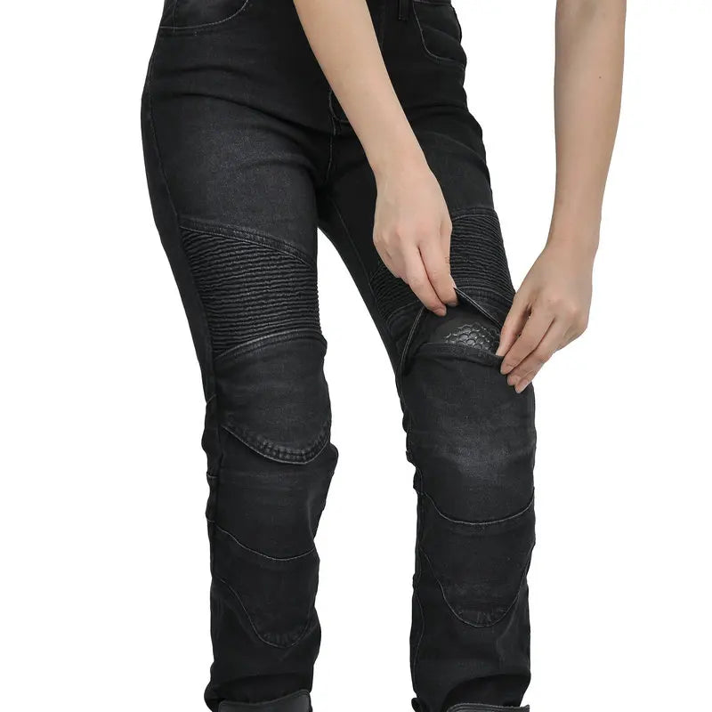 Motorjeans voor dames met protectoren, beschermpads, ribpatroon en slim fit