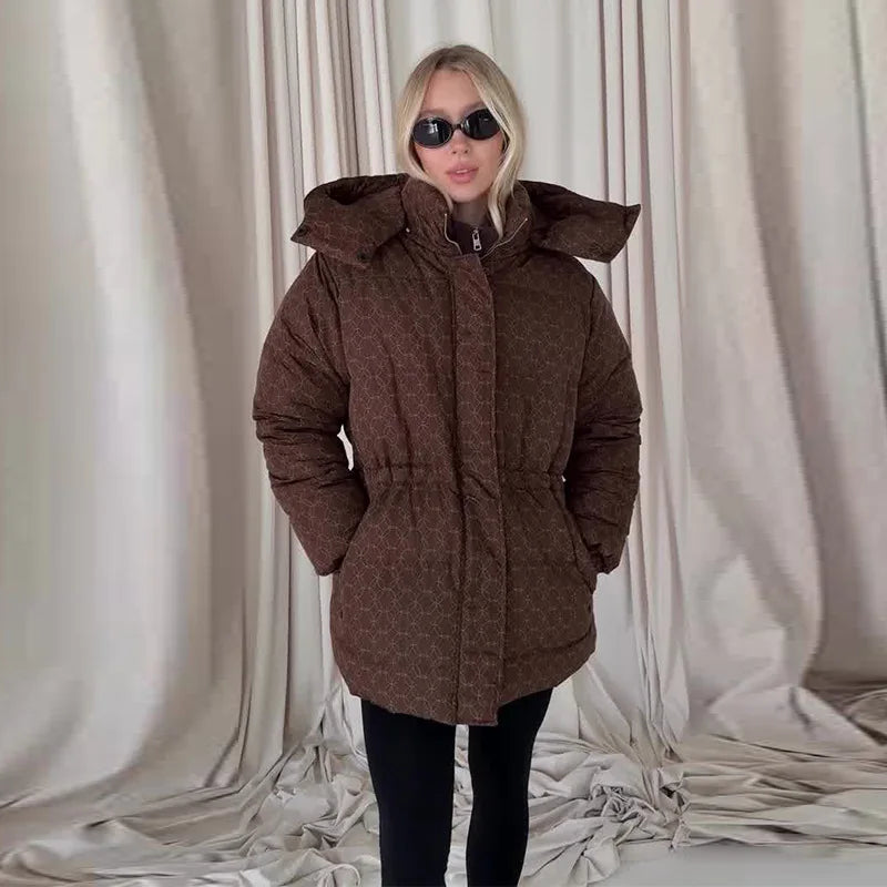 Damen Steppjacke mit Kapuze und Kordelzug, Braun/Beige/Schwarz