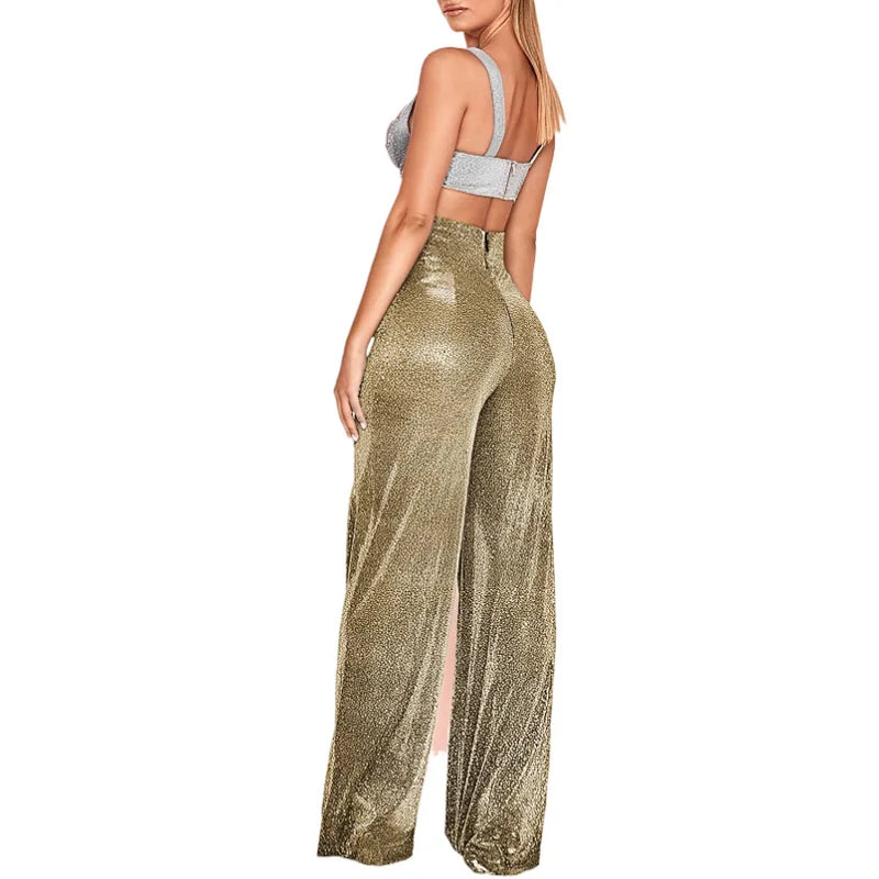 Damen Glitzer Crop Top & Weite Hose Set, Langarm, Hohe Taille