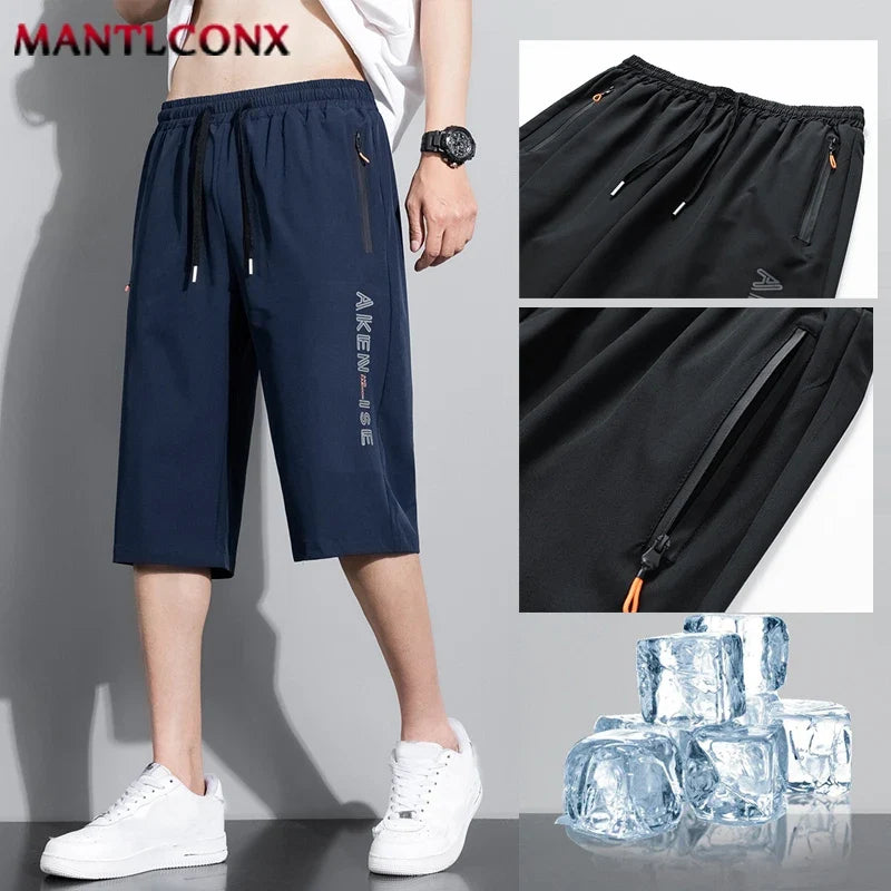 Herren 3/4 Sportshorts mit Reißverschlusstaschen & Kordelzug, Grau