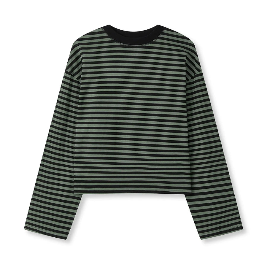 Gestreept dames-shirt met lange mouwen, oversized, ronde hals, casual crop top