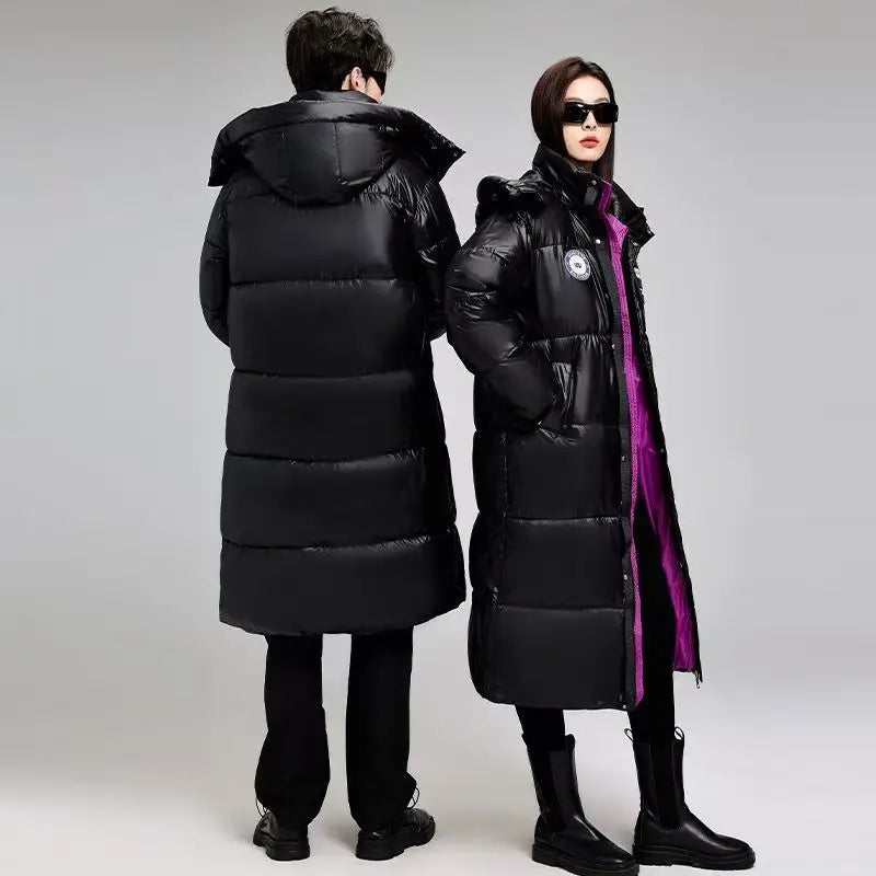 Unisex Langer Steppmantel Schwarz mit Kapuze Glänzende Optik