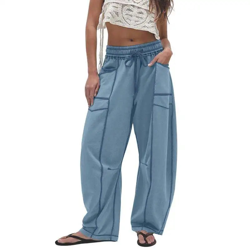 Damen Freizeithose Weites Bein Elastischer Bund Kordelzug Cargo-Taschen