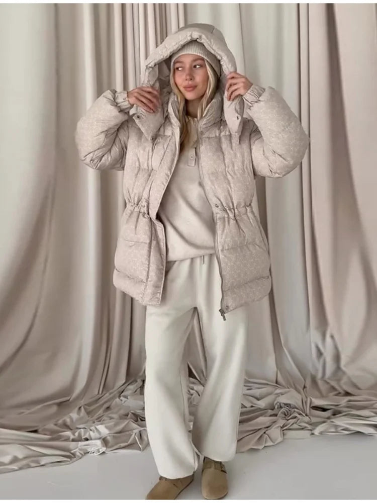Damen Steppjacke mit Kapuze und Kordelzug, Braun/Beige/Schwarz