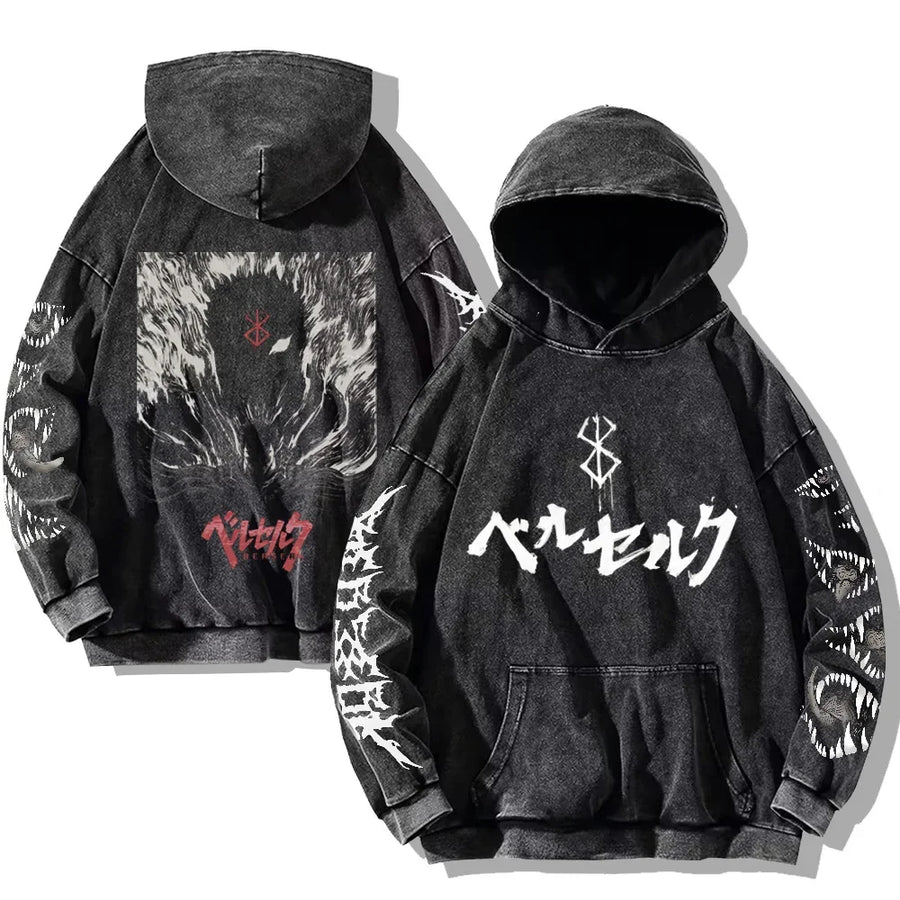 Vintage hoodie met capuchon en kangoeroezak – Berserk-print