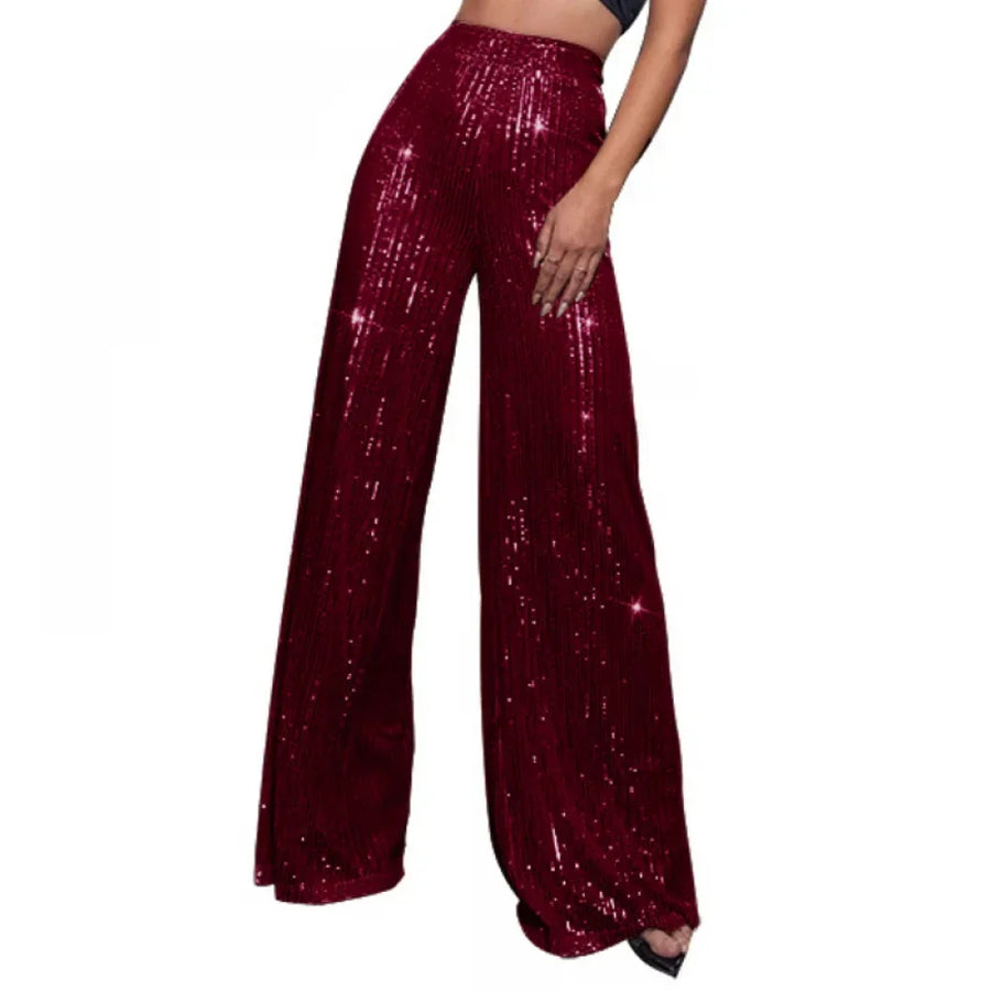 Damen Pailletten Schlaghose Hoher Bund Weites Bein Glitzernde Partyhose