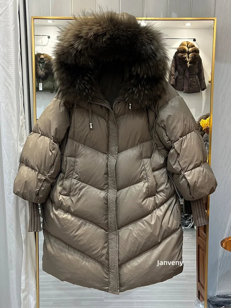 Damen Pufferjacke mit großer Kapuze und Pelzbesatz, Langarm, Khaki