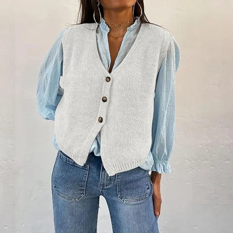 Damen Strickweste mit V-Ausschnitt und Knopfleiste