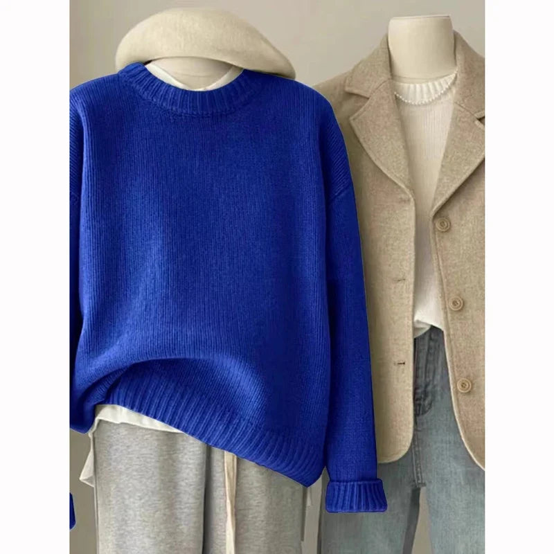 Unisex Rundhals Pullover Grobstrick Oversize Locker Casual Langarm