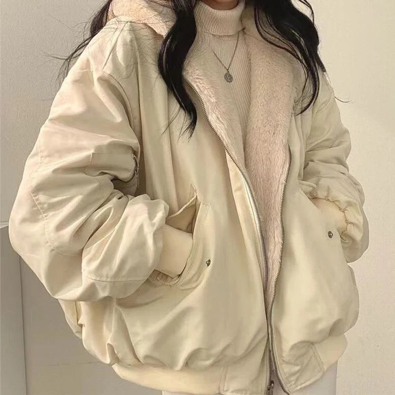 Damen Wendejacke mit Kapuze Teddyfutter Bomberjacke Warm