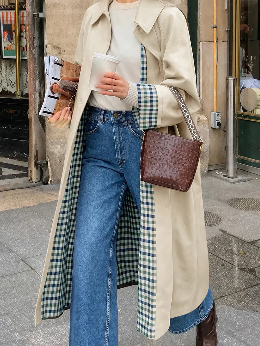 Damen Trenchcoat mit Gürtel Karofutter Langarm Regenmantel