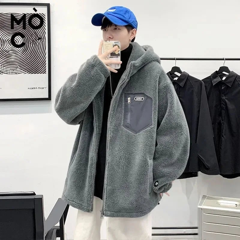 Unisex Teddyfleece Jacke mit Kapuze und Brusttasche Grau Reißverschluss