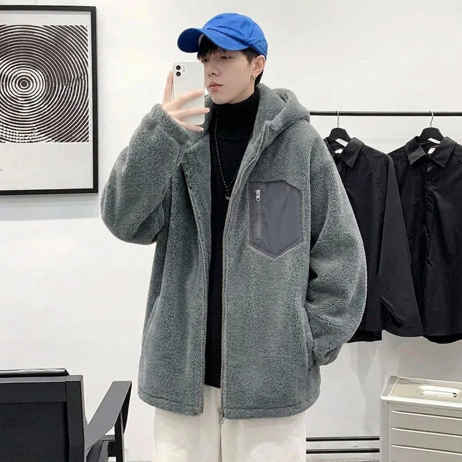 Unisex Teddyfleece Jacke mit Kapuze und Brusttasche Grau Reißverschluss