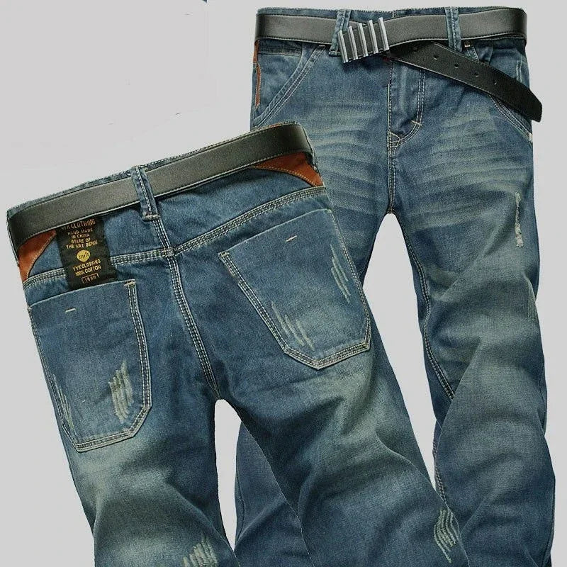 Herenjeans blauw in used look met riemlussen, casual stijl
