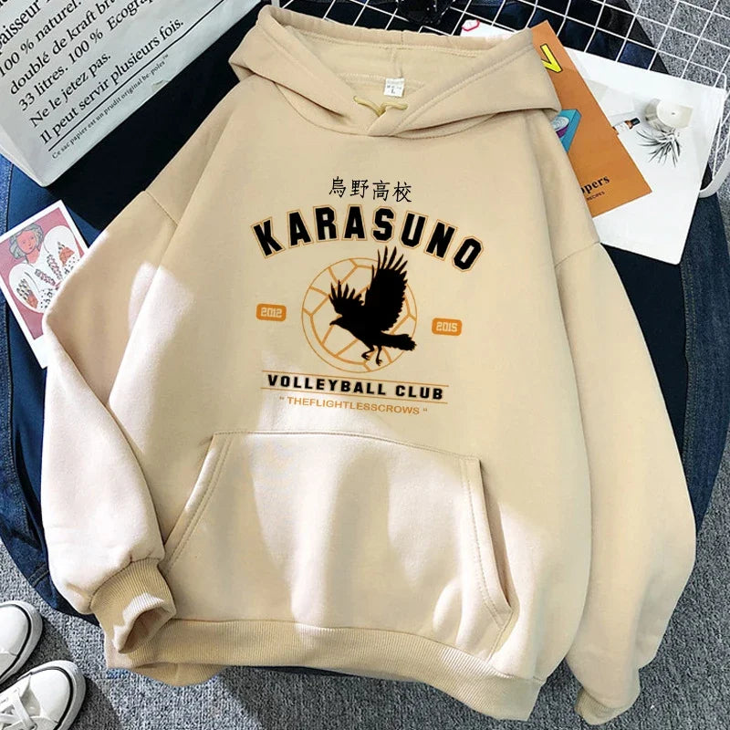 Hoodie met capuchon en anime-motief van de Karasuno Volleyball Club, beige