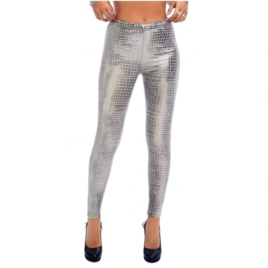 Dameslegging met krokodillenreliëf, hoogglans, zilverkleurig metallic