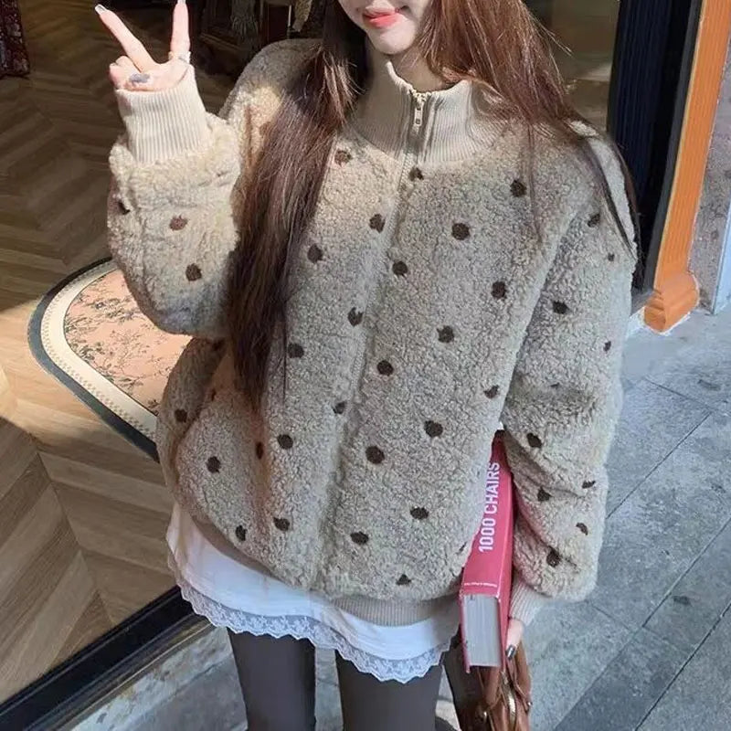 Damen Teddyfleece Jacke Beige mit Tupfenmuster Stehkragen Reißverschluss