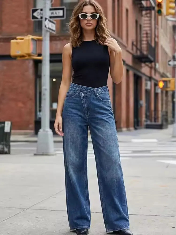 Damen Jeans weites Bein Überlappendes Taillendesign